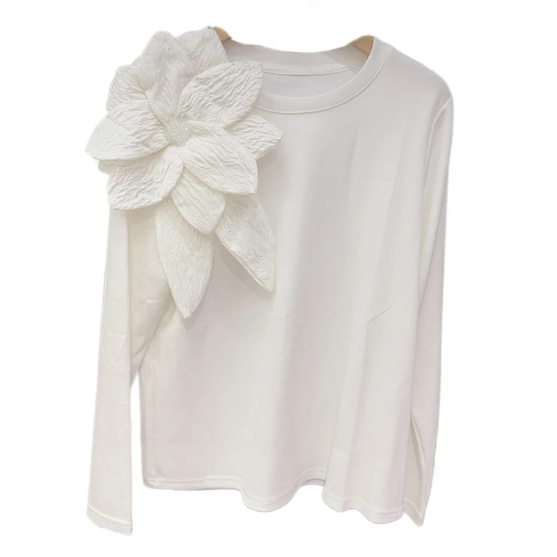 2024 Autumn New Handmade Three-Dimensional Flower Decoration Round Neck Long Sleeve T-Shirt Women's Casual Tops