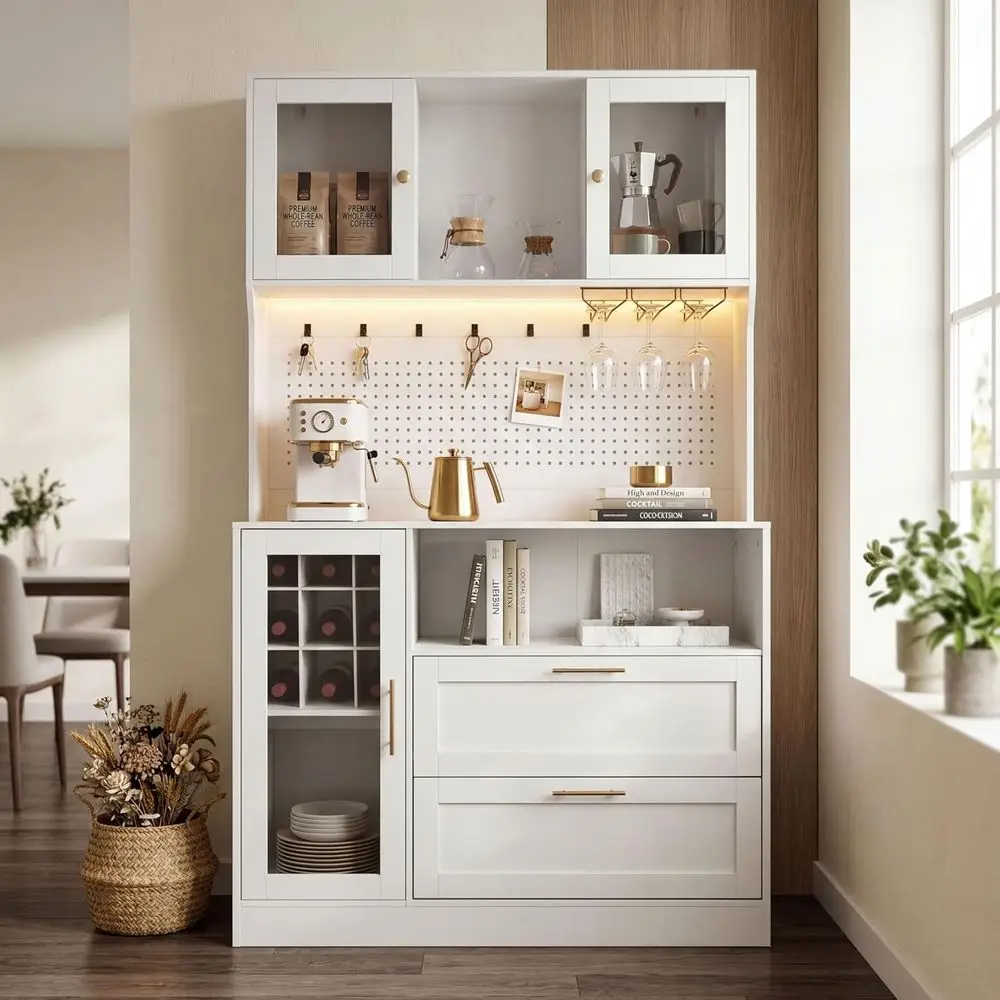 

71 Tall White Coffee Bar Cabinet with Wine Rack, LED Light & DIY Pegboard, Multifunctional Storage for Kitchen & Dining