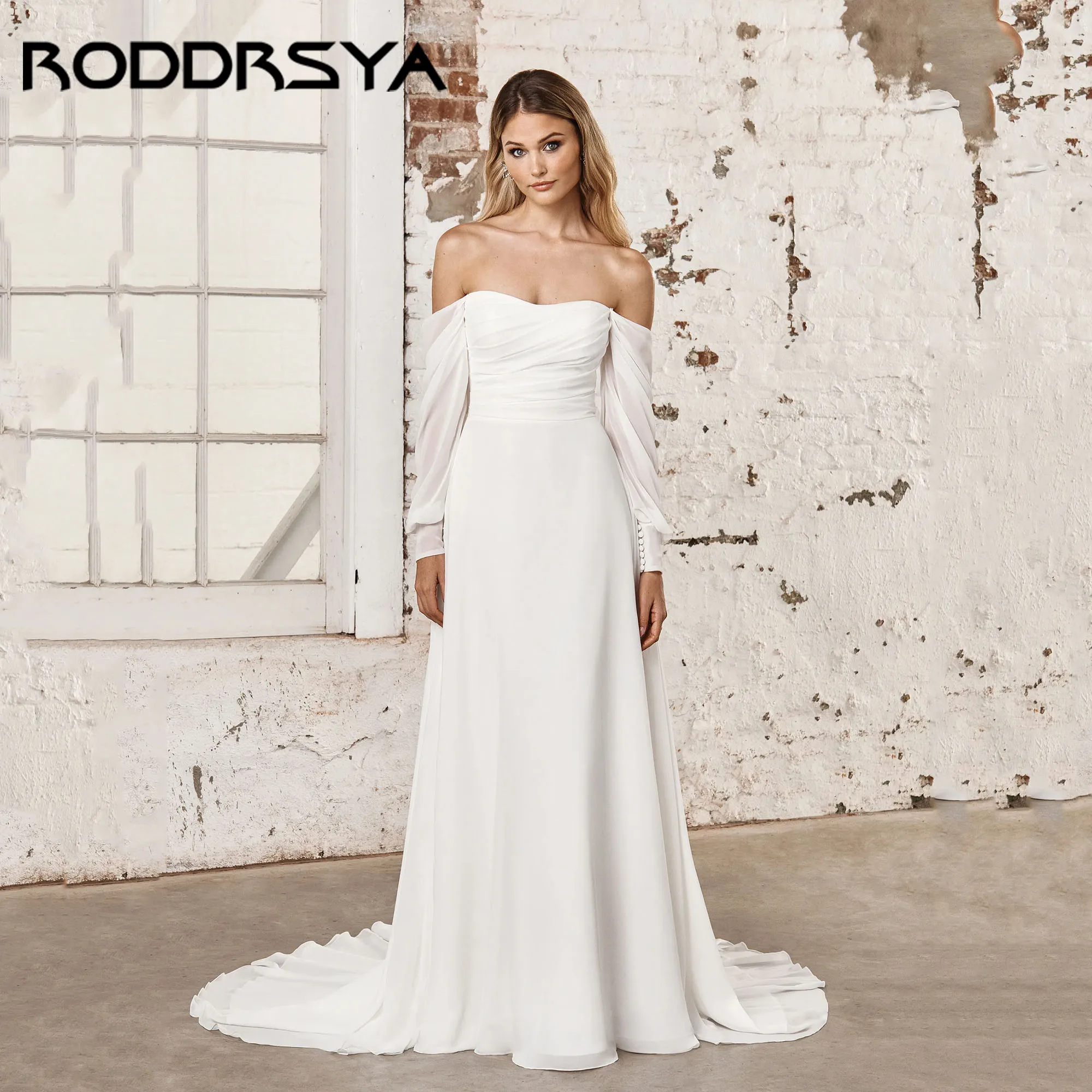 

RODDRSYA Chiffon A-Line Bridal Gowns Sweetheart Pleat Off Shoulder Wedding Dress Boho Backless Buttons robe de mariée Customized