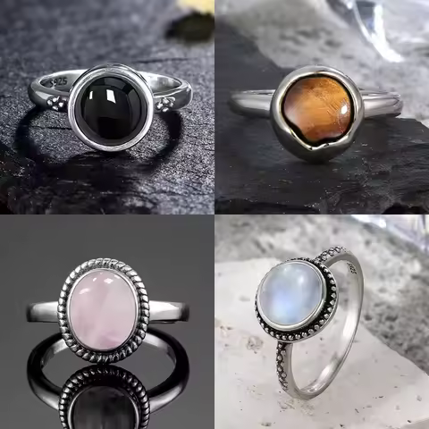 Vintage Style 925 Silver Natural Stone Rings with Moonstone Quartz Black Onyx Ring Round Oval Simple Rings For Women Men