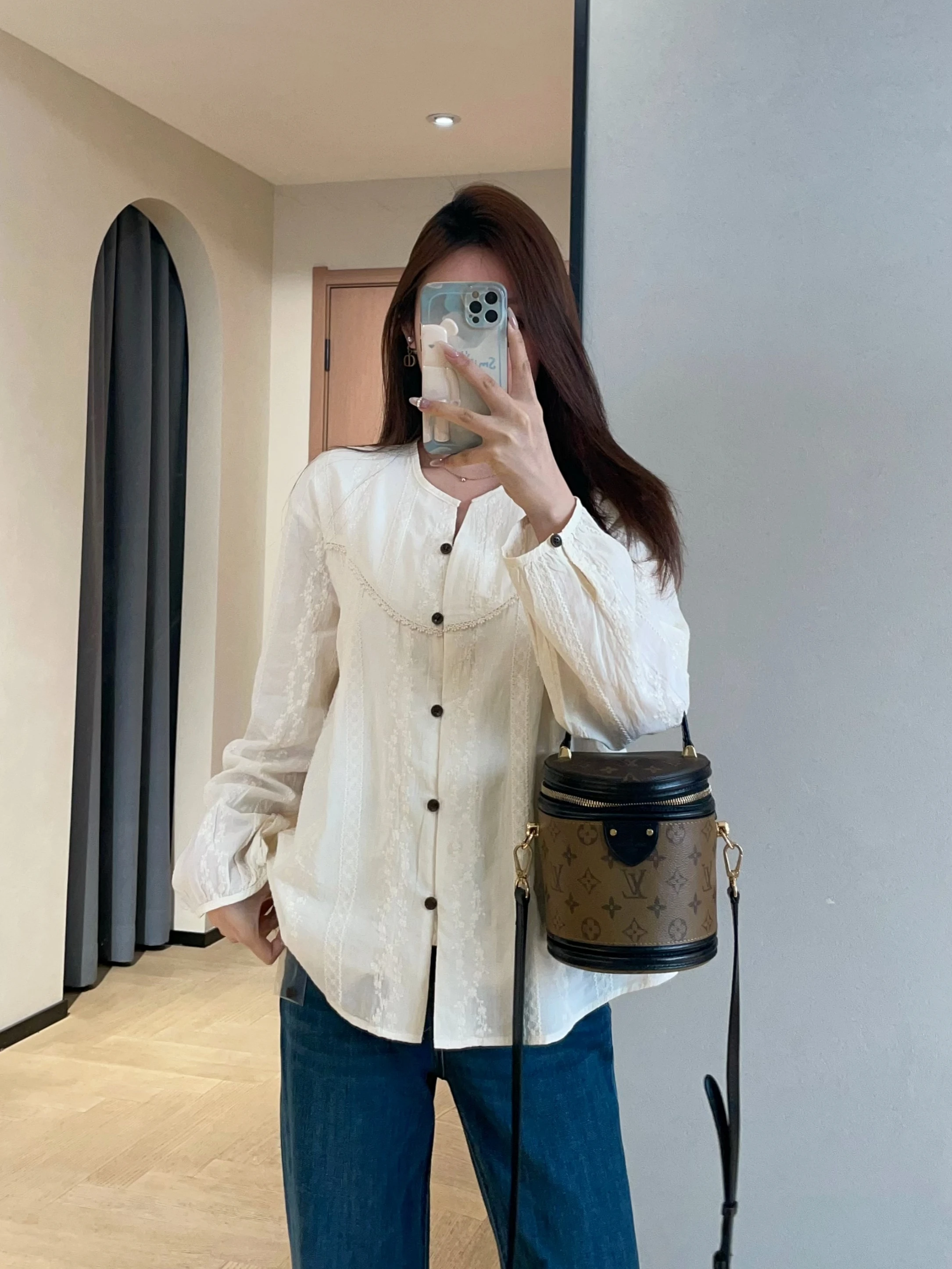 

WTHEONE Heavyweight Floral Embroidery Patchwork Lace Lantern Sve Pure Cotton round Ne irt Women's New 2026 French Sl...