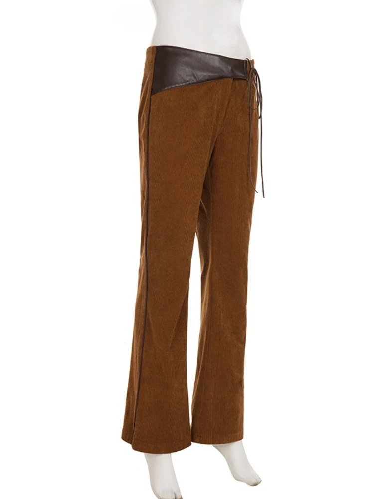 SsTss خمر الموضة الأمريكية براون سروال قصير مضيئة السراويل عالية الشارع بولي Leather الجلود المرقعة التعادل متابعة الخصر بنطلون طويل للنساء #5