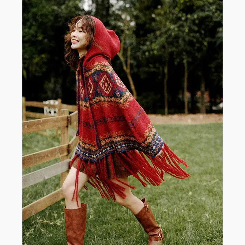 Retro Red Christmas Tassel Hooded Cowl Neck Wrap Scarf Multifunctional Warmth Sun Protection Shoulder Shawl Outerwear Sweater