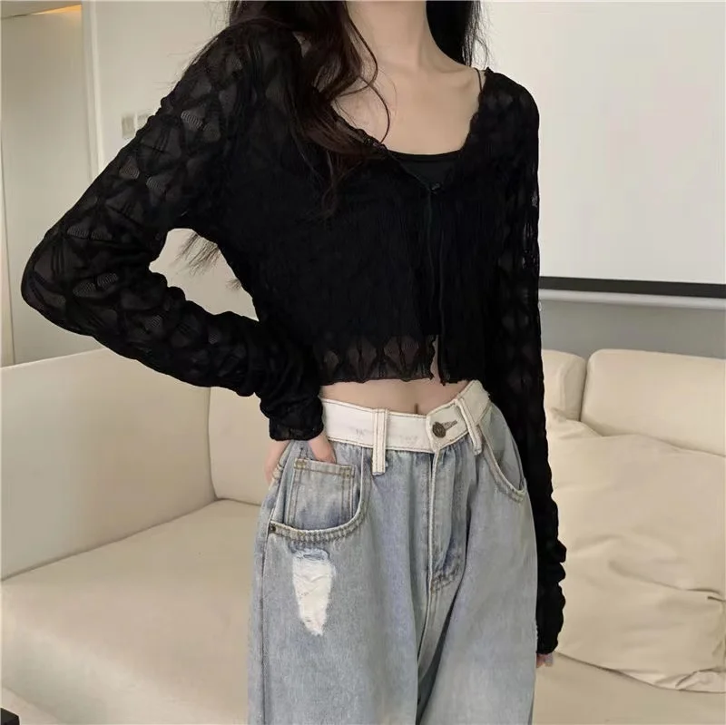 Novedad de verano, cárdigan ajustado con ribete de encaje v-ne ort Svel para mujer, prendas de vestir exteriores para aire acondicionado Thin Me Open-irt