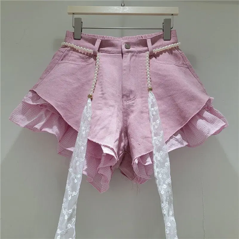 2026 Summer New Candy-colored Denim Plaid Patchwork Shorts High Waist Design Denim Shorts with Chain Belt