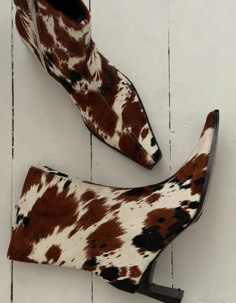 New Fashion Cow Print Square Heel Mid-Calf Boots for Women Brown Black White Spotted Pattern Side Zipper Western Style Boots
