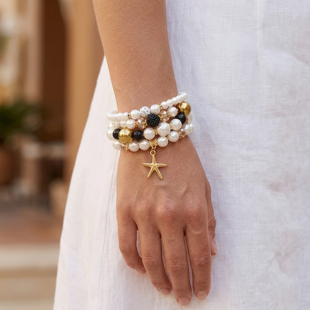 

Multilayer Boho Imitation Pearl Crystal Elastic Bracelets Set for Women Starfish Chain Beads Bracelet Beach Party Jewelry Gift