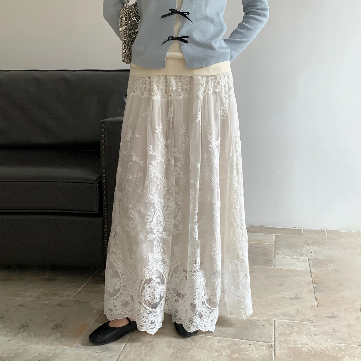 Lace Trim Midi Skirt for Women, Autumn and Winter, Elastic High Waist, Vacation Skirt