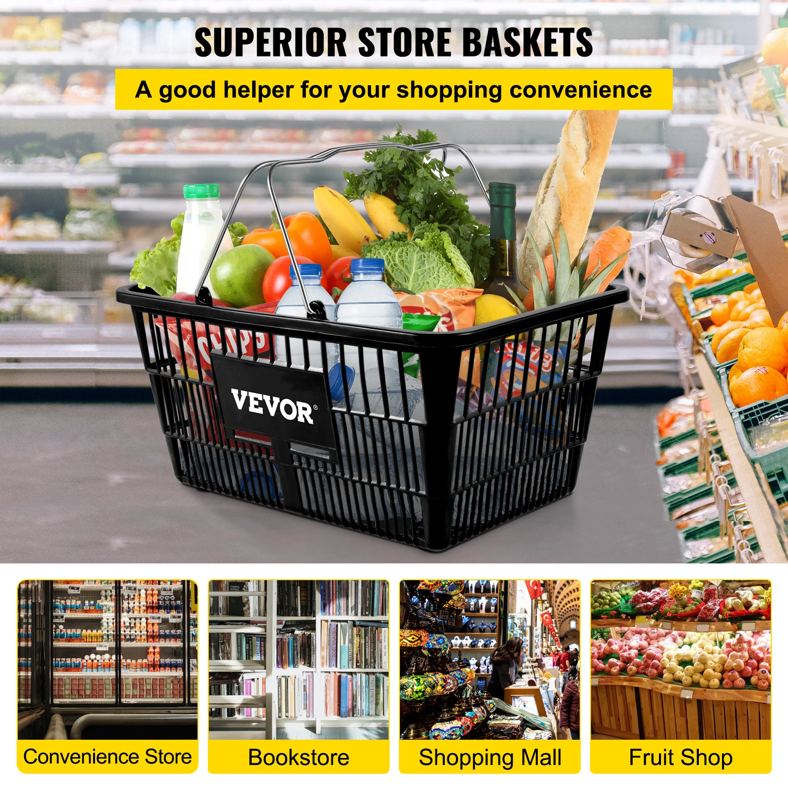 VEVOR Shopping Basket, Set of 12 , Durable PE Material with Handle, for Supermarket, Retail, Grocery- Holds 21 L of Merchandise