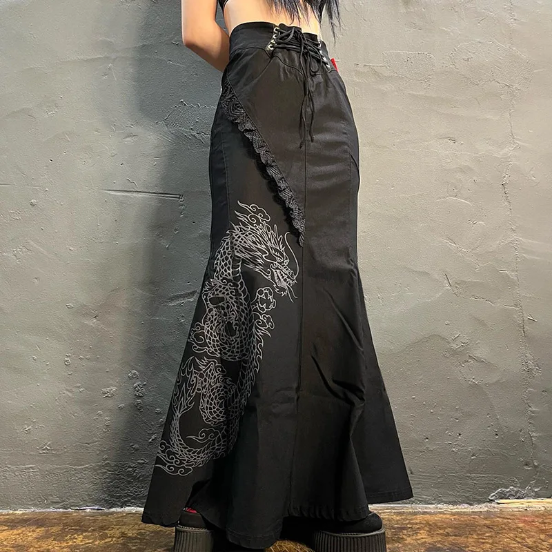 

Punk Gothic Female Slit Empire Long Chinese Style Skirt 2022 Spring Black Dark Goth Harajuku Cheongsam Skirts