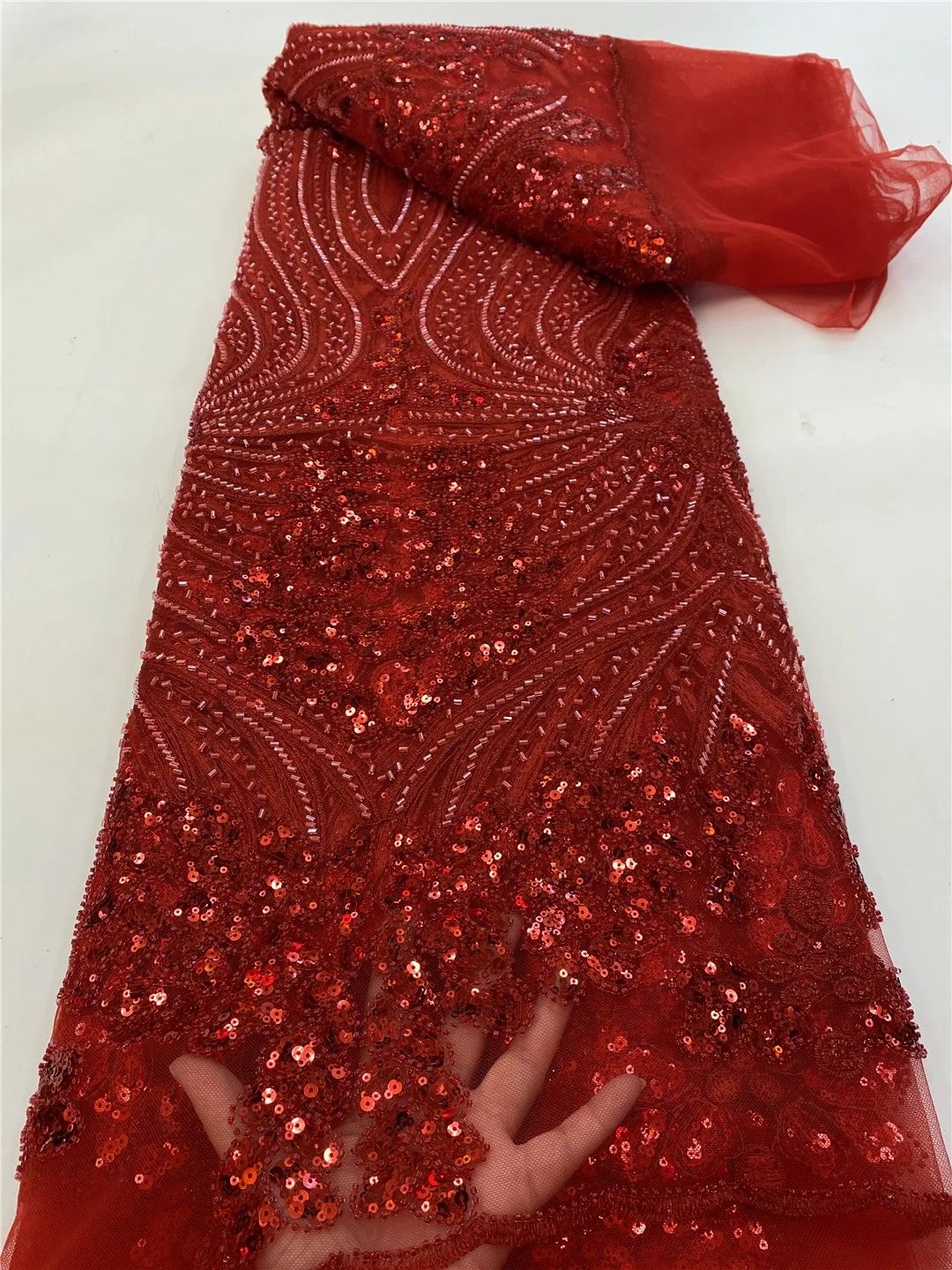 

African Lace Fabric 2025 High Quality French 3D Flower Peach Sequins Embroidery Beads Tulle Lace Fabric For Party Dress 5 Yard