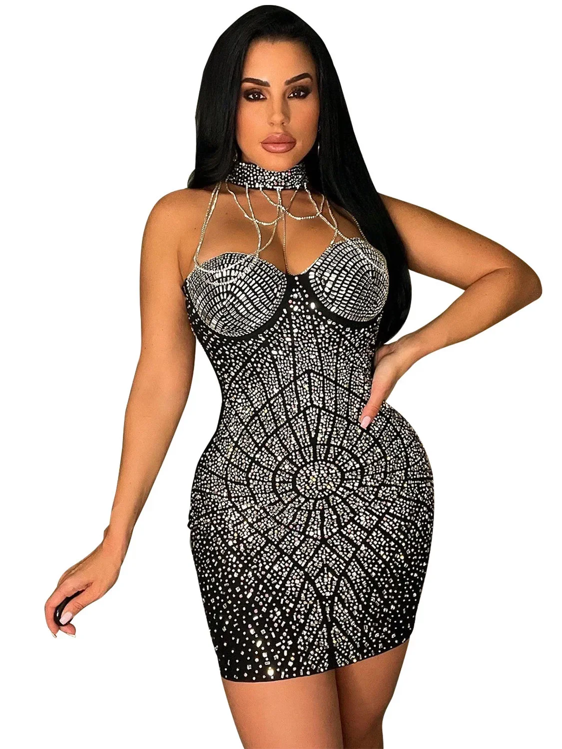 

Szkzk Sexy Rhinestone Bodycon Mini Dress Women Sleeveless Backless Splicing Halter Chain Night Club Party Diamond Short Dresses