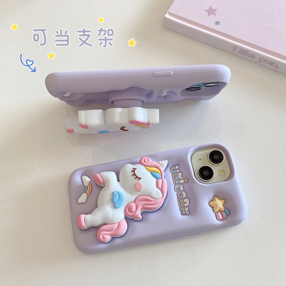 Nette 3D Cartoon Regenbogen Einhorn Pferd Weiche Silikon Halterung Fall Ständer Halter Abdeckung Für iPhone 17 16 Plus 15 14 13 12 Pro Max – Detail 10
