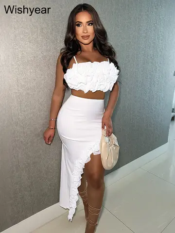 New White Ruffled Edge Camisole Vest and Irregular Slim Skirts Elegant Women's Two-piece Dress Set Birthday Evening Prom Outfits