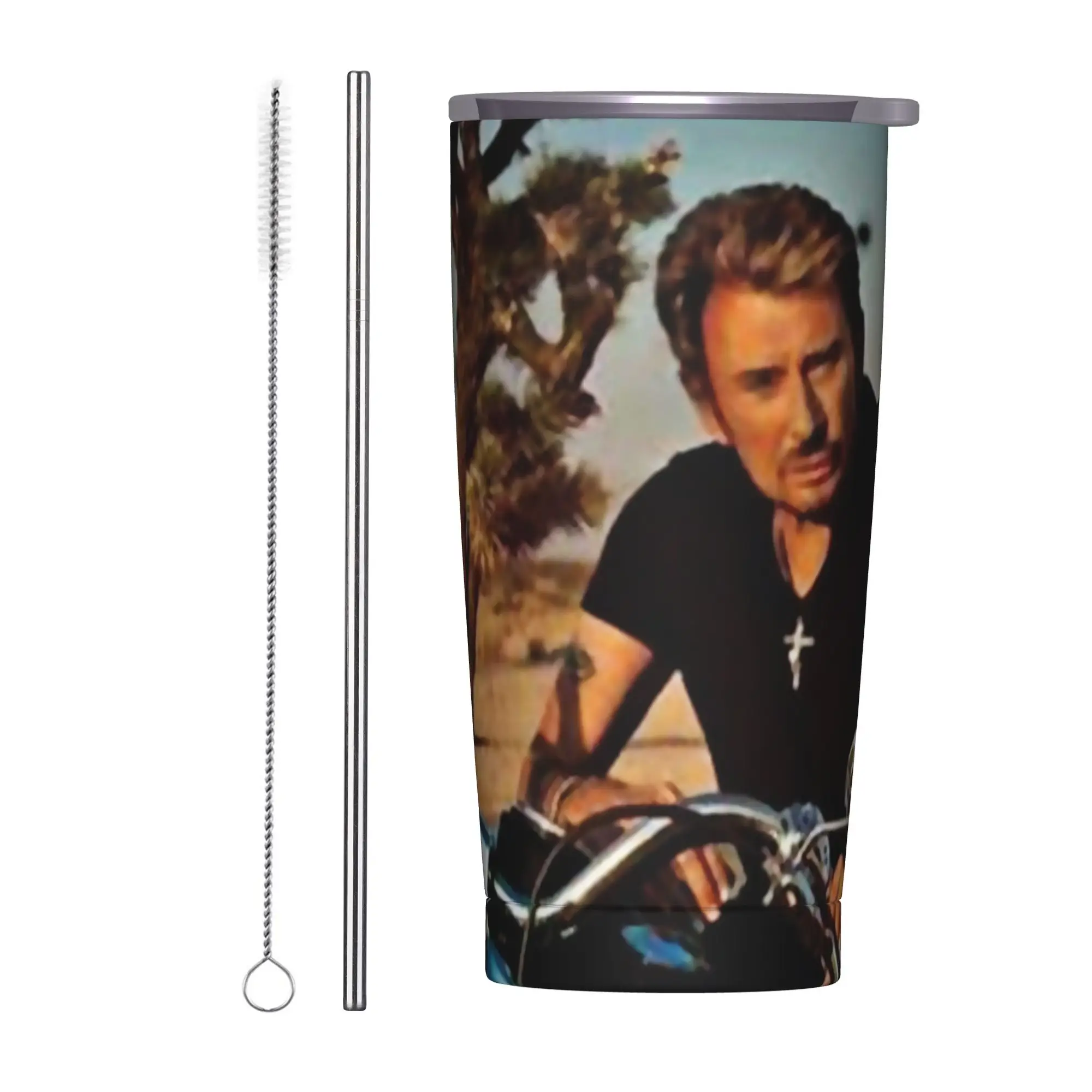 Johnny Hallyday Tumbler Vacuum Insulated Rock Music French Singer Coffee Cups Vacuum Flask Office Home Mugs Water Bottle, 20oz