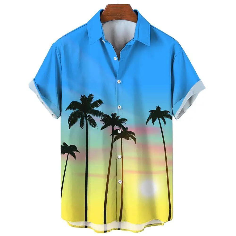 Beach Leisure Vacation Hawaiian Coconut Tree Print Tops Men\'s Short-sleeved Shirts Summer Fashion Oversized Tops SIZE S-5XL