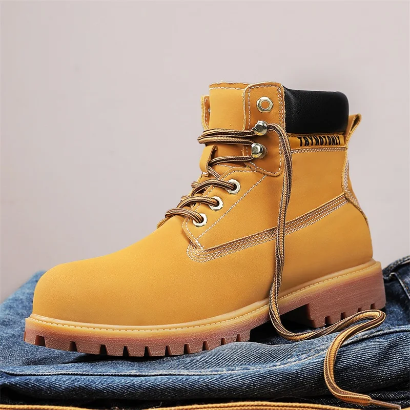 

2025 New Men's Big Yellow Boots Breathable Waterproof Coating Medium - Top British Work Boots Winter Snow Cotton Commuting Busin