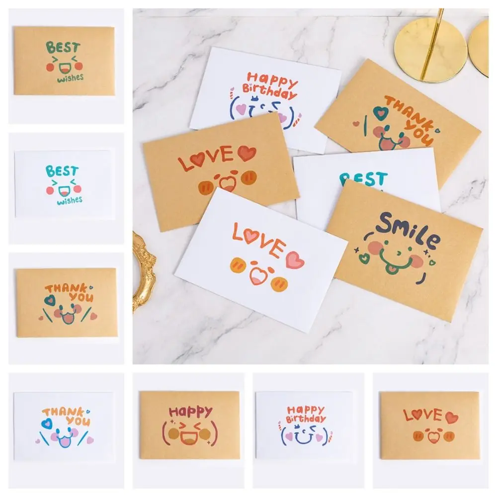 24Pcs Cute Kraft Paper Envelope Expression Happy Blessing Thank Envelope Letter Nostalgia Art Graffiti Envelope Greeting Card