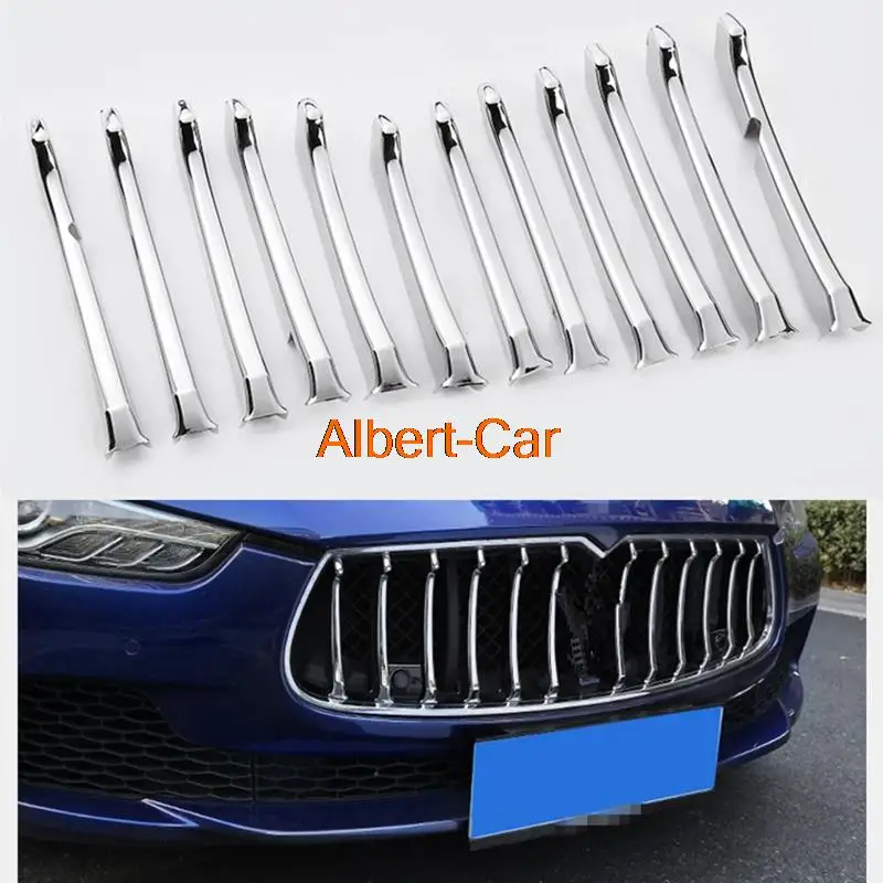 

for Maserati Ghibli 2014-2017 Sedan Car Front Grill Decor Bright Strip Silver ABS Chrome Exterior Grille Cover Trim Front Grill