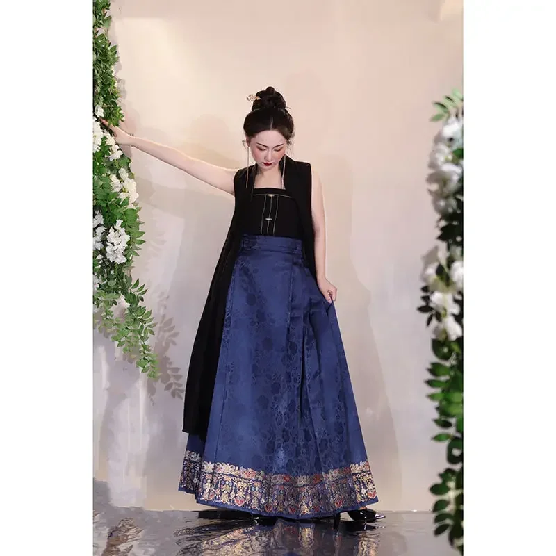 Traditional Chinese Hanfu Dresses for Women Ming Dynasty Ethnic Style Satin Soft Elegant Pleated Horse Face Skirts 4 Colors