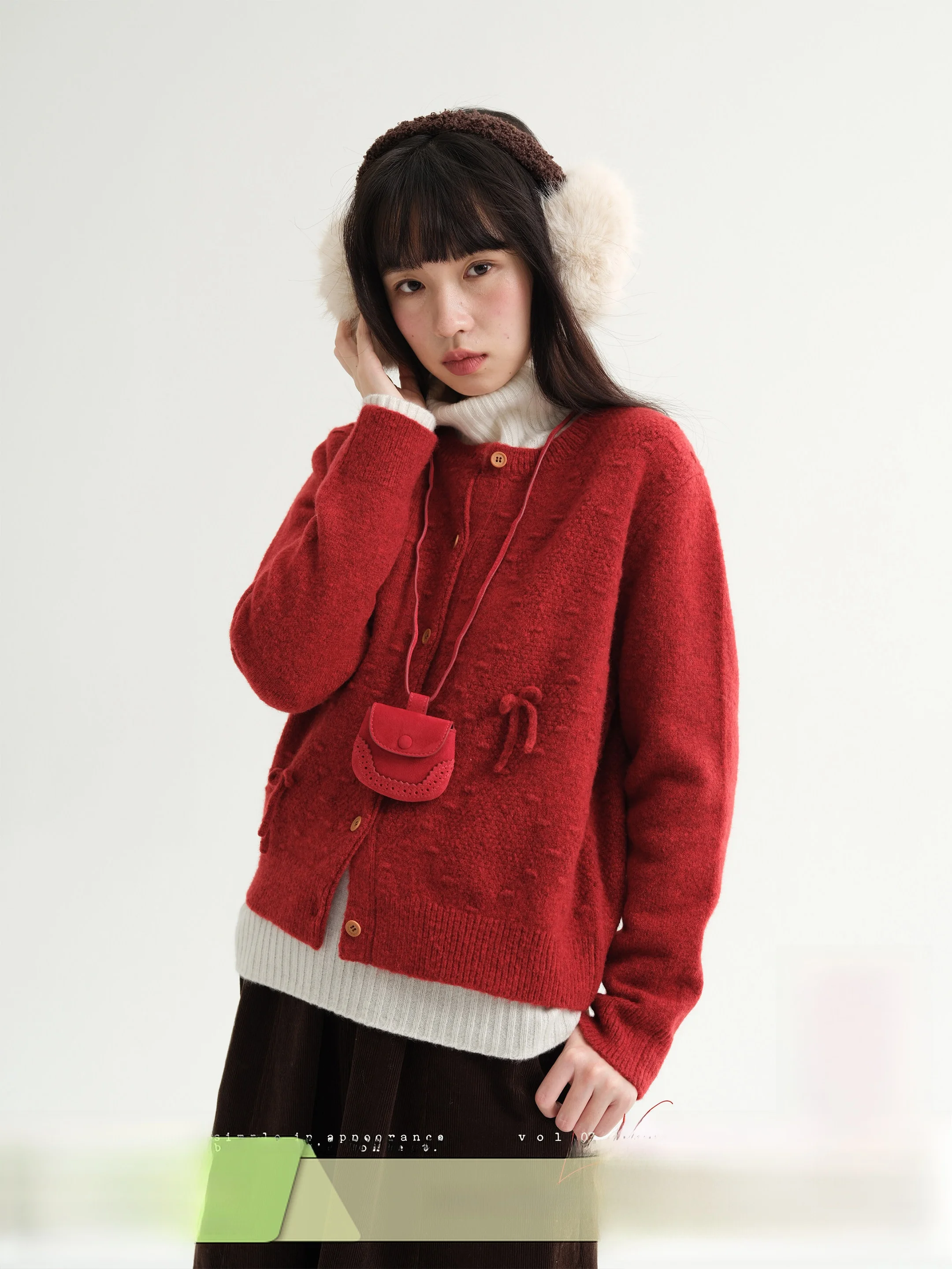 

Bordeaux Poem Selected Wool Knitted Cardigan New Year Red Knot Texture Soft Woolen Women's Casual Sle Knitwear