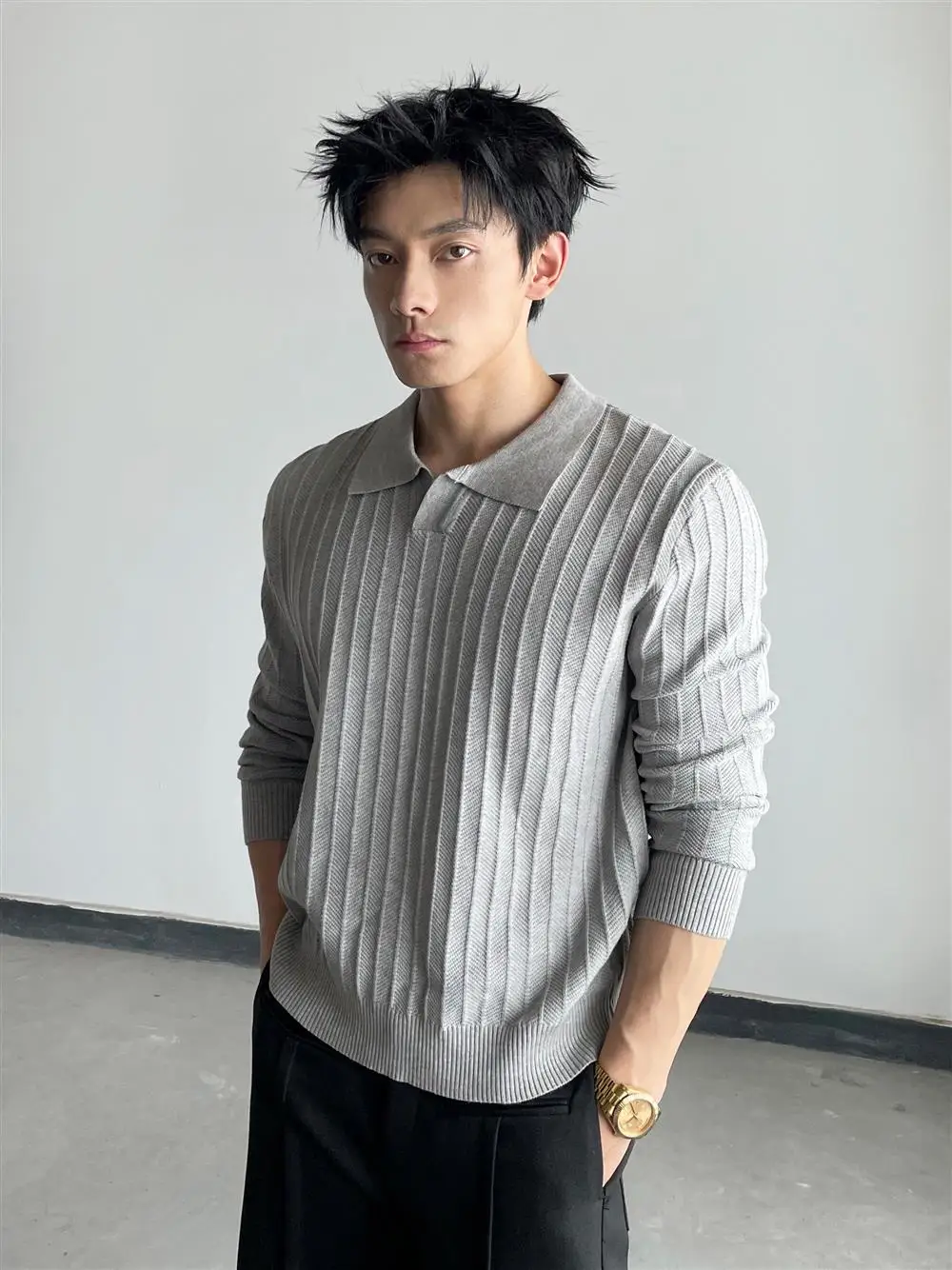 

Мужской вязаный свитер свободного кроя с воротником-стойкой, длинный рукав, осенне-зимний, теплый, из полиэфирного волокна, модный