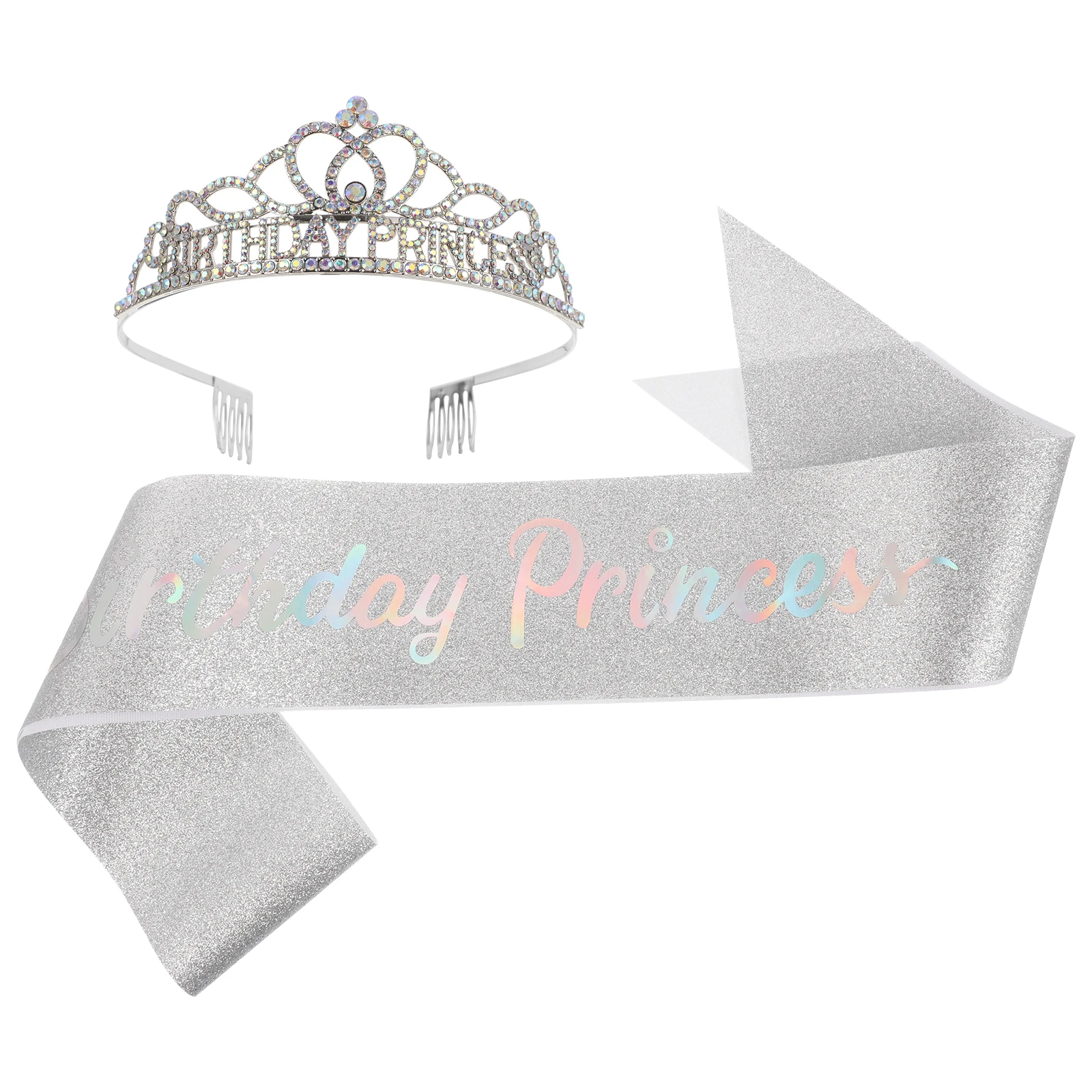 

Princess Birthday Crown Set Sash Tiara Silver AB Color Durable Materials Women Party Accessories Glamorous Enjoy Hair Styling