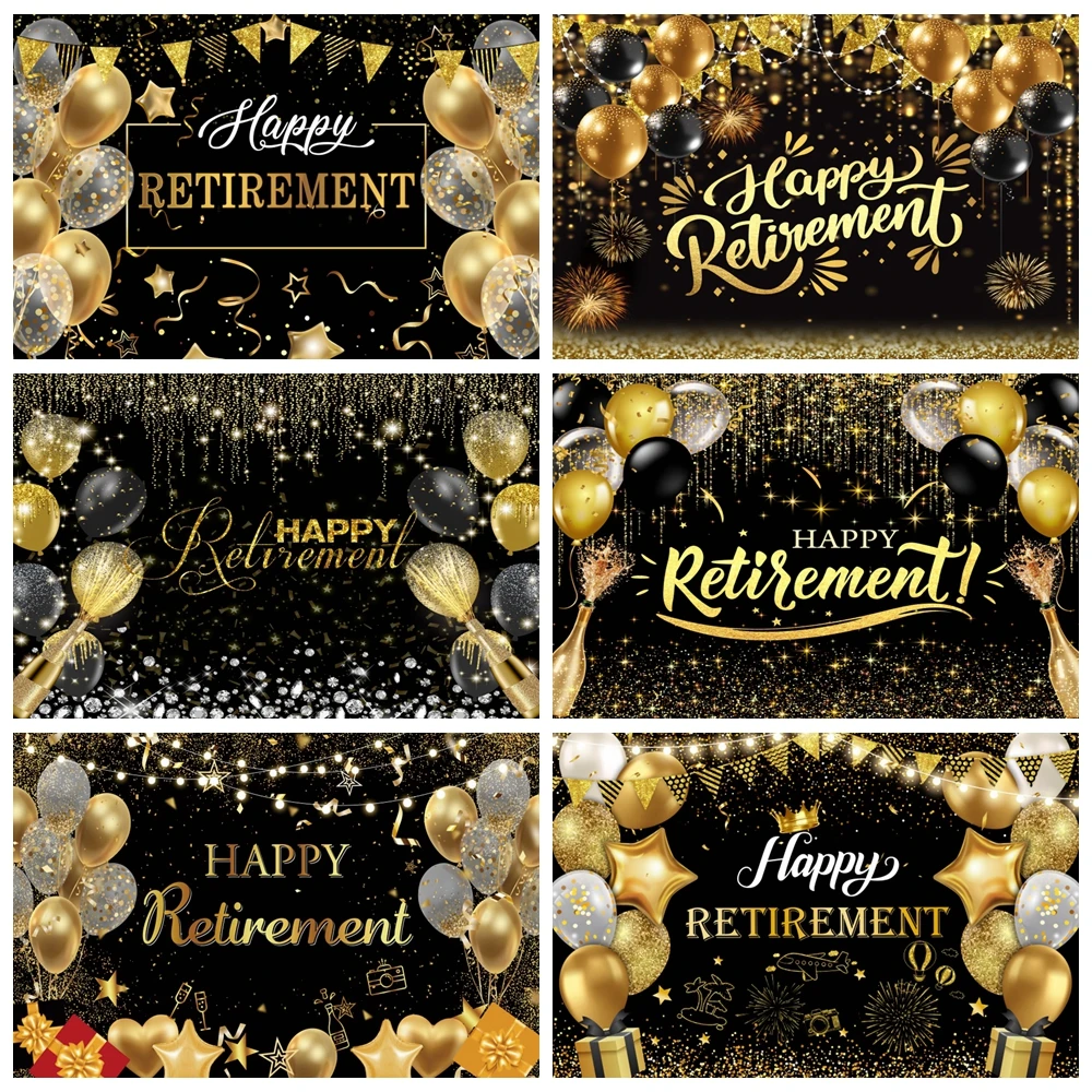 

Happy Retirement Party Decoration Backdrop Gold Glitter Balloon Cheers Family Congratulation Photography Background Photo Studio