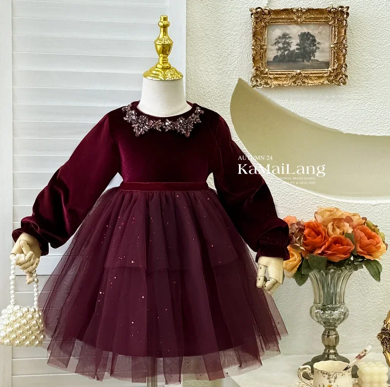 Girls Dress 2024 Autumn New Red Velvet Baby Girl Birthday Party Dress Crystal Elegant Princess Dress