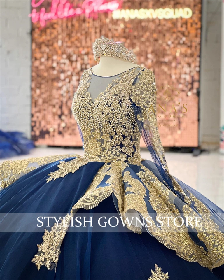 Princess Navy Blue Gold Lace Beaded Pearl Ball Gown Quinceanera Dresses  Celebrity Party Prom Gowns Graduation Vestido Customized - AliExpress 320