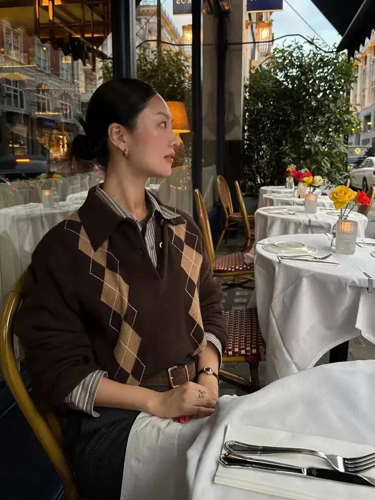 

PREON вязаный свитер Ne Long Sve с ромбовидным узором Briti Sle, осенний свитер свободного покроя, теплый Fem Faion