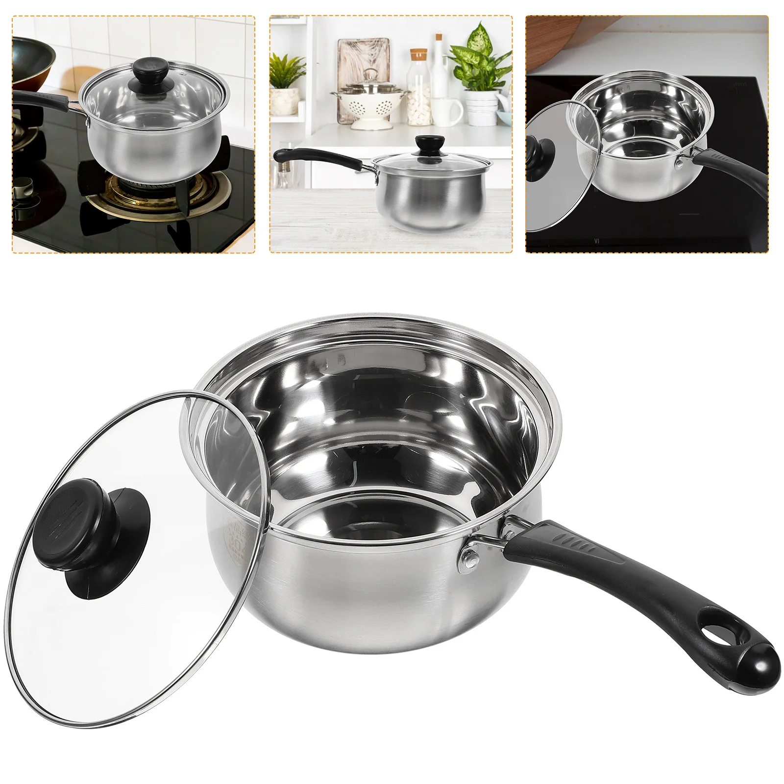 

1pc Thickened Stainless Steel Milk With Glass Lid Non-Stick Sauce Pan Baby Food Cooking Pot Mini Soup Pot For Coffee Kitchen