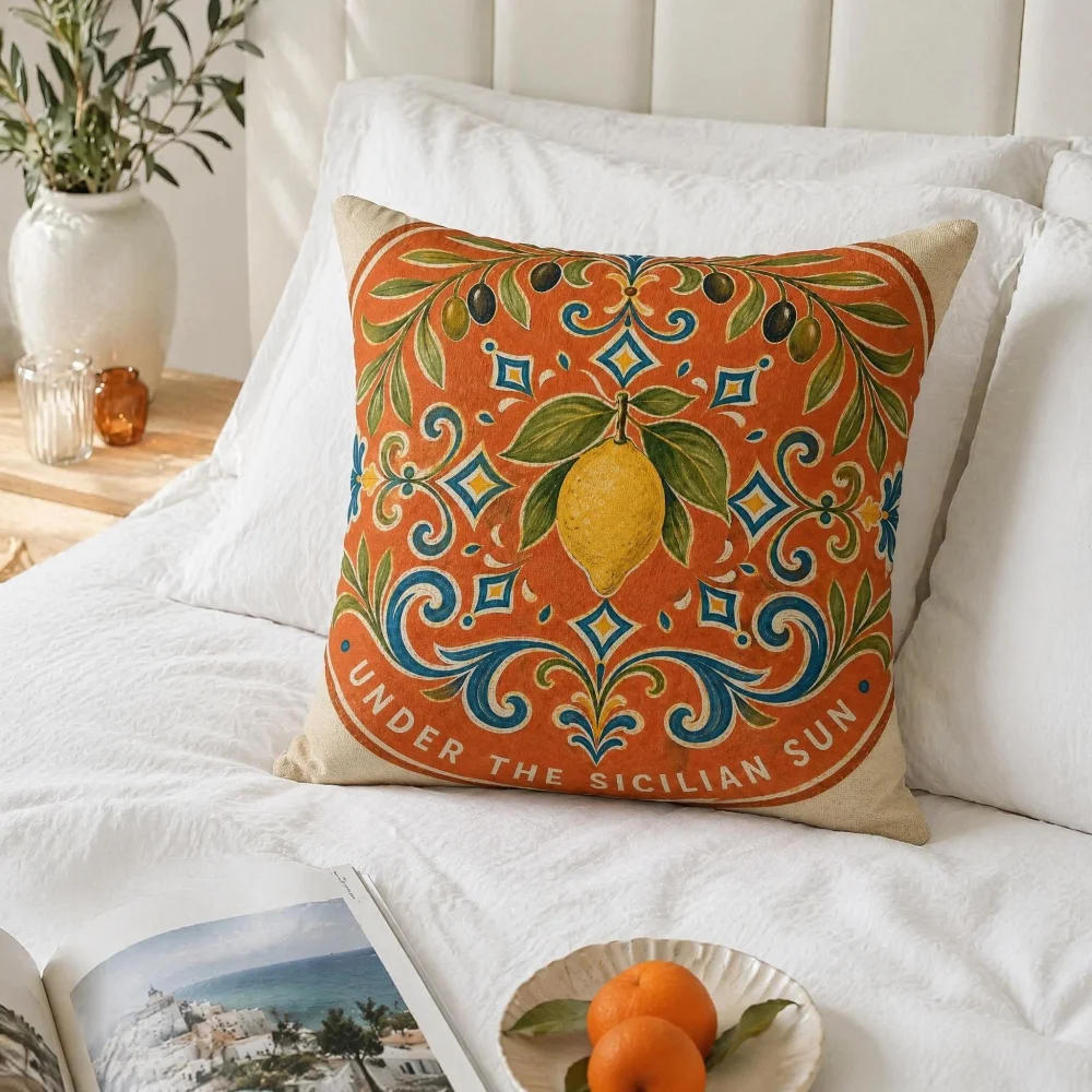 Vintage Lemon Olive Complete Throw Pillow With Filling Square Decorative Cushion,Retro Floral Fruit Pattern Home Decor Pillow