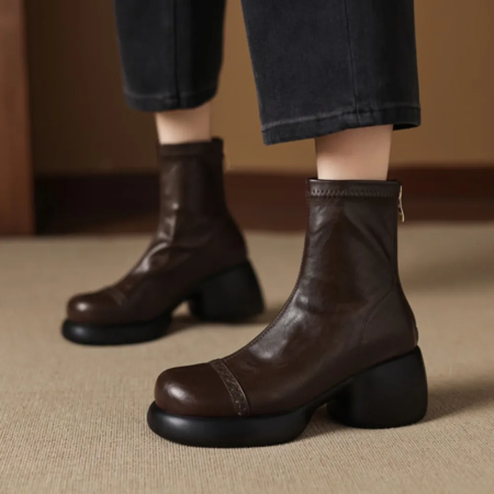 

Platform Boots Thick Heel Round Toe Women Short Boots Ladies Retro Shoes Genuine Leather Winter BootsSide Zip Warm Winter Shoes