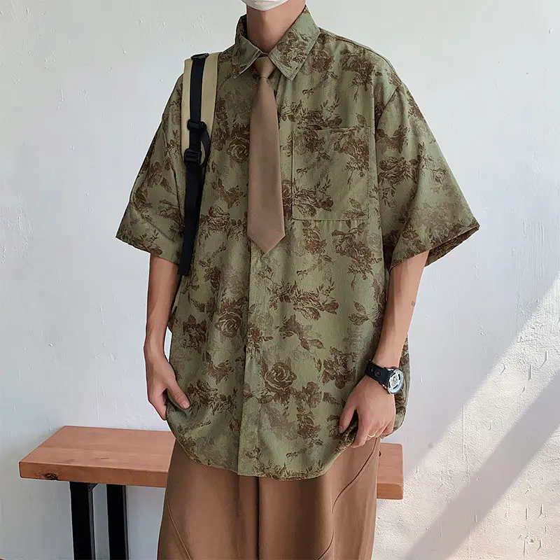 Men's Summer Japanese Style Vintage Floral Print Harajuku Shirt Trendy Casual Streetwear Y2K Short Sleeve Oversize Tops Camisas