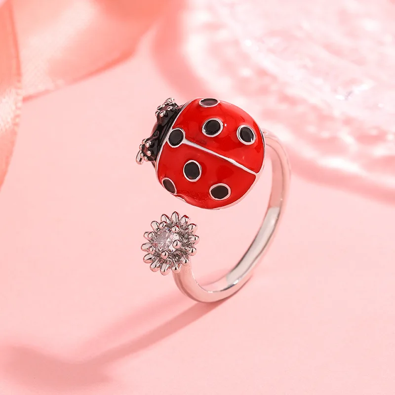 Neue Mode Tropfender Marienkäfer Blume 925 Sterling Silber Schmuck Persönlichkeit Kreativ Hip Hop Insekt Käfer Öffnungsringe R106