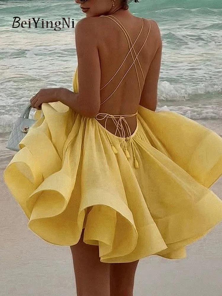 

Beiyingni 2025 Summer Sexy Backless Fluffy White Holiday Dress Women Solid Color Casual Spaghetti Strap A-line Short Dresses