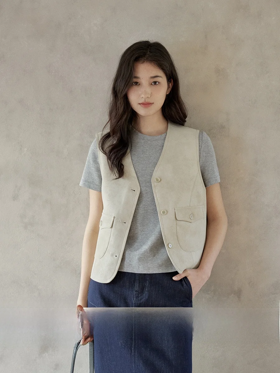 

Женский двусторонний жилет из искусственной кожи Ginnkee Svel V-Ne Early Spring Faion для поездок на работу, длина на пуговицах