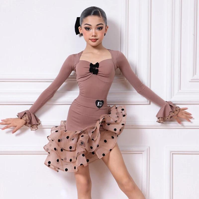 Latin Dance Suit Girls Dancing Show Stage Costume Cha Cha Rumba Clothing Winter Latin Dress Dot Ruffle Skirt Practice Wear 1319