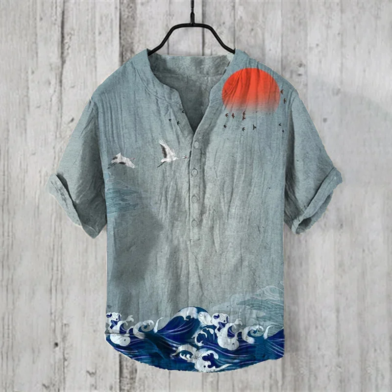 

Casual men's loose fitting shirt, summer shirt, fashionable standing collar linen short sleeved shirt