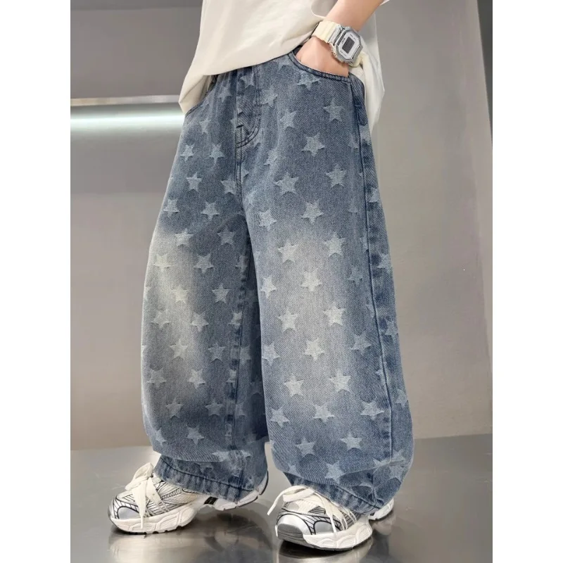 Teenager Boys Summer Baggy Jeans with Stars Pattern Kids Children Stylish Summer Denim Pants Age 7 8 9 10 11 12 13 14 15 16 Y