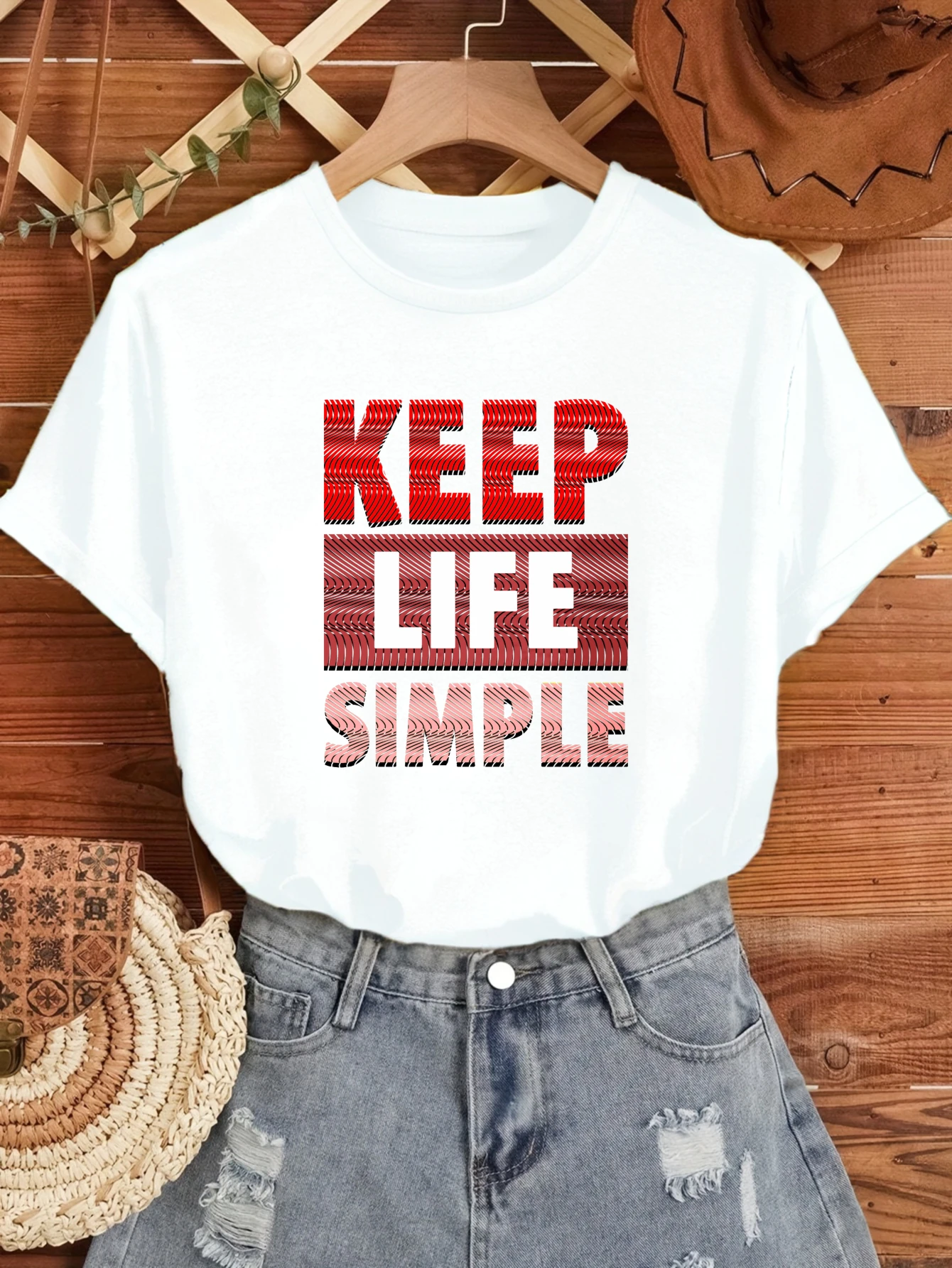 

Women's T-shirts Chinese style Hip-Hop Y2k Casual 100% cotton Keep Life Simple Design printed tee Vintage Short sleeve tee