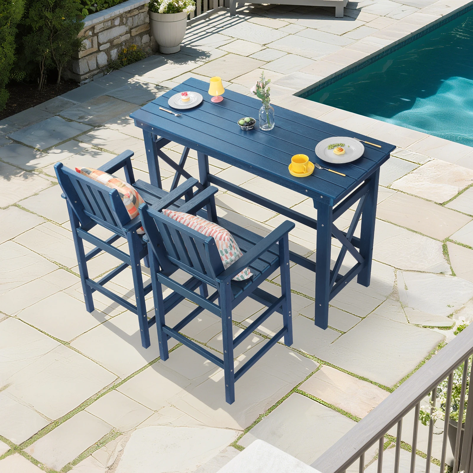 

All-Weather 60\" Rectangular HDPE Outdoor Furniture Set X-Braced Base Slatted Table 2 Ergo Stools for Warehouse Courtyard Hotel