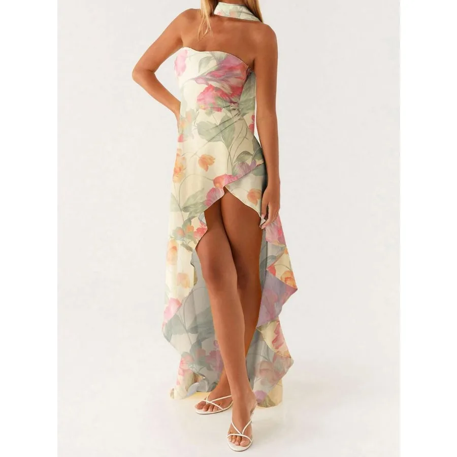 

【New style】Y2K Summer Tube Dress For Women Asymmetrical Hem Bodycon Long Dress Sleeveless Open Back Solid Color/Floral Print Hi