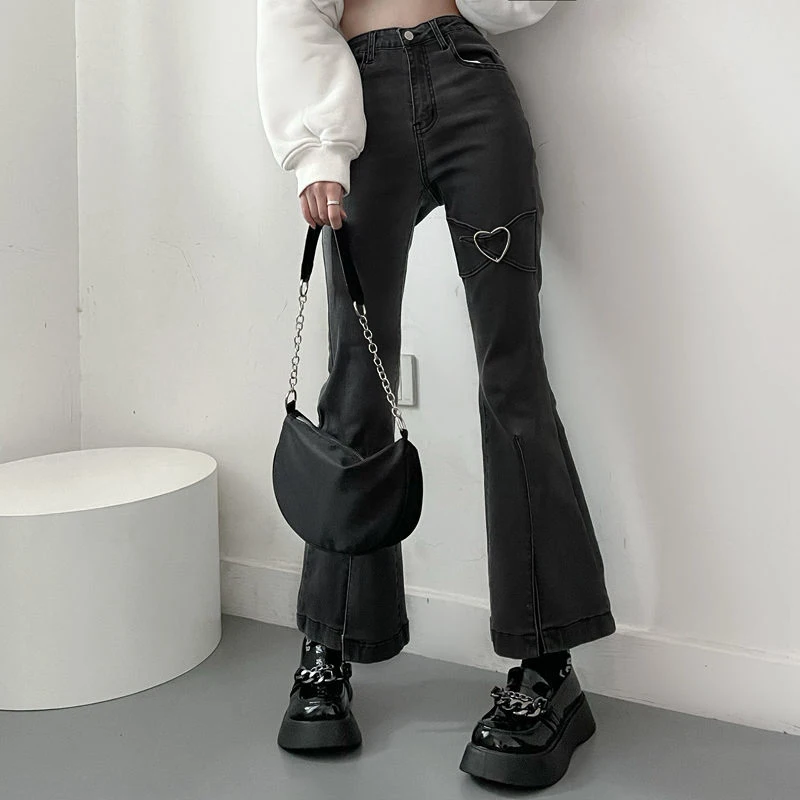 

Jeans For Women Vintage Black Denim Flare Streetwear High Waist Slim Mom Trouser Haruku Y2k Pants