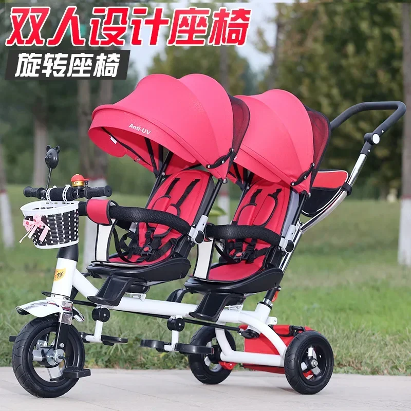 Baby Twin Tricycle Stroller 3 Wheels Double Stroller for Kids Twins Guardrail Seat Baby Toddler Bicycle Car Tricycle Child Pram