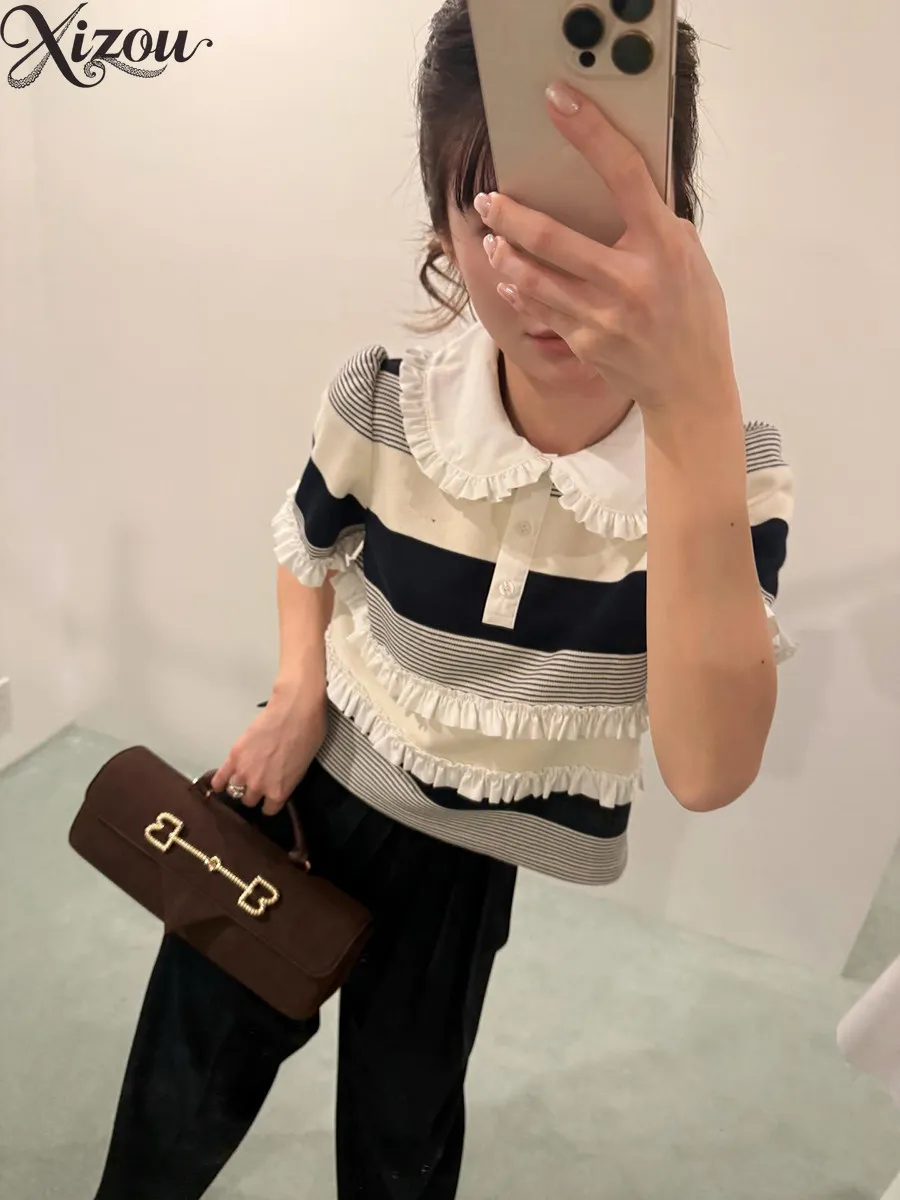Striped Spliced Knit Top Doll Collar Ruffle Trim Short Sleeve Japanese Korean Casual Pullover Summer Women Top 2026 Polo Sweater