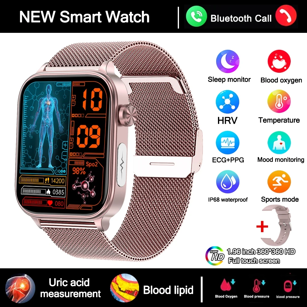 2025 Nieuwe 24-uurs Gezondheidsbewaking Smartwatch Heren Urinezuur Bloedlipiden Hartslag Bluetooth Oproep Smartwatch Dames