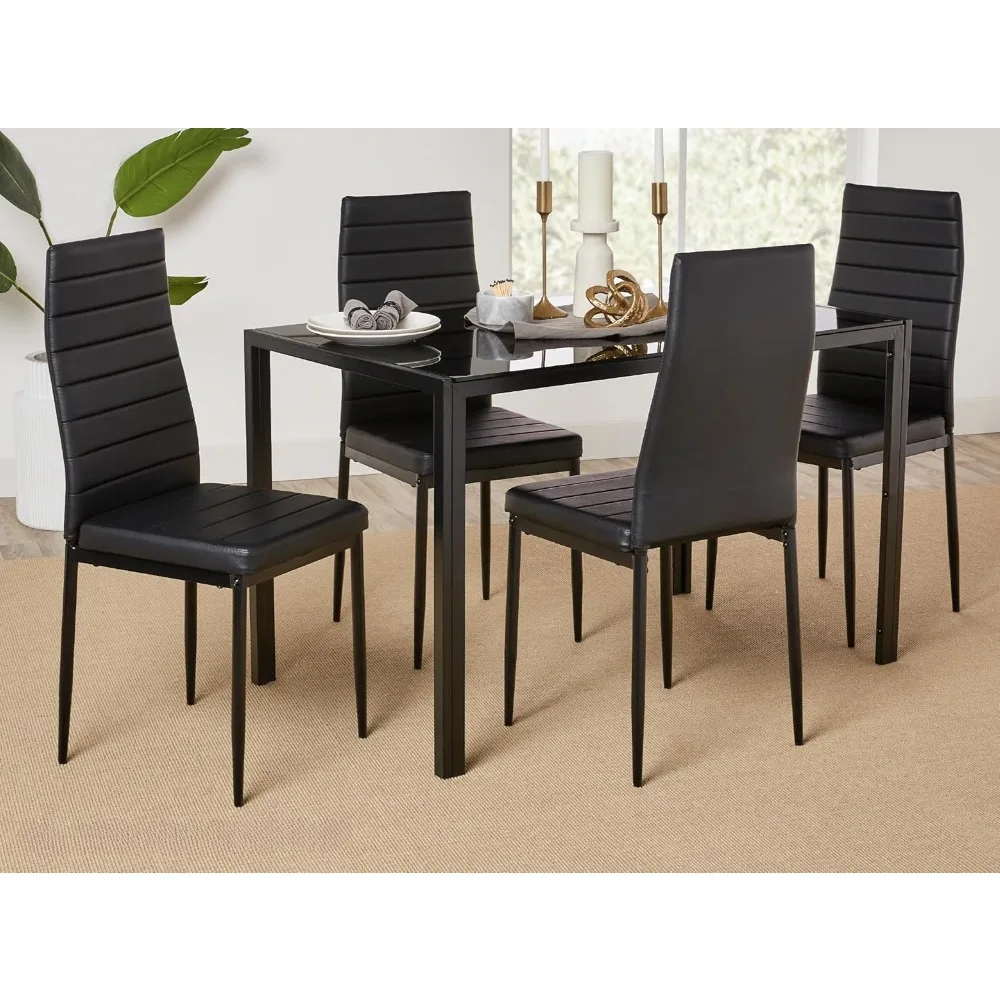 5-piece set of glass cutlery, modern kitchen table furniture, compact and space-saving glass top, 4 upholstered PU chairs