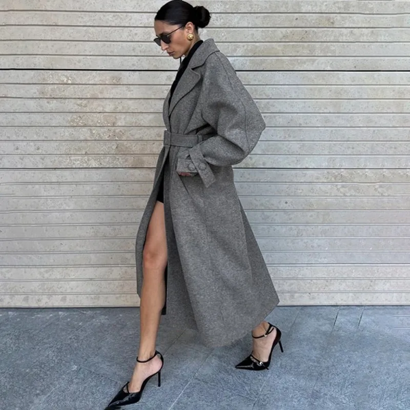 Tuularose Winter Long Wool Coat Women Solid Thickened Warm Pike Coat 2025 Belt Patchwork Long Sleeve Cardigan Chic Tweed Outwear